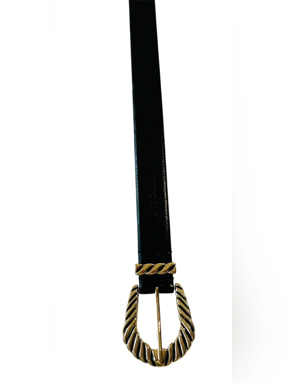 Black Leather Belt with Twisted Gold Buckle